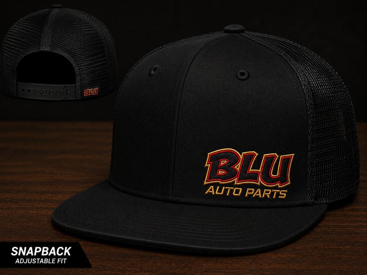 BluAutoParts Black Trucker Hat Red/Gold Logo