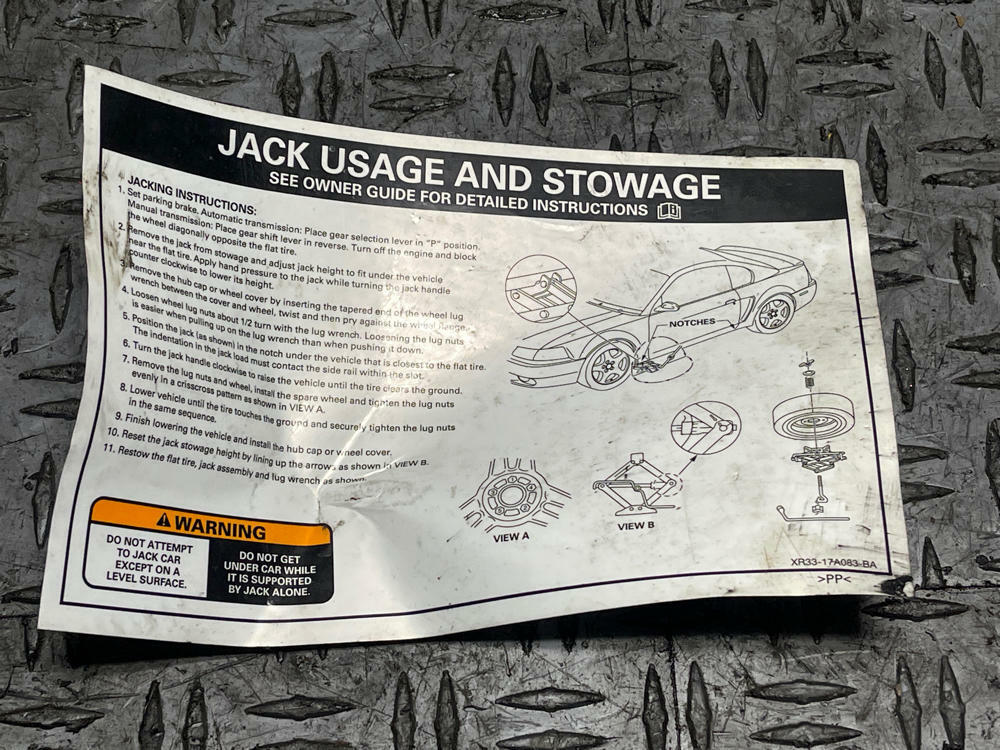 2003-04 Ford Mustang SVT Cobra Jack Usage/Stowage Info Card- Harder to Find 295