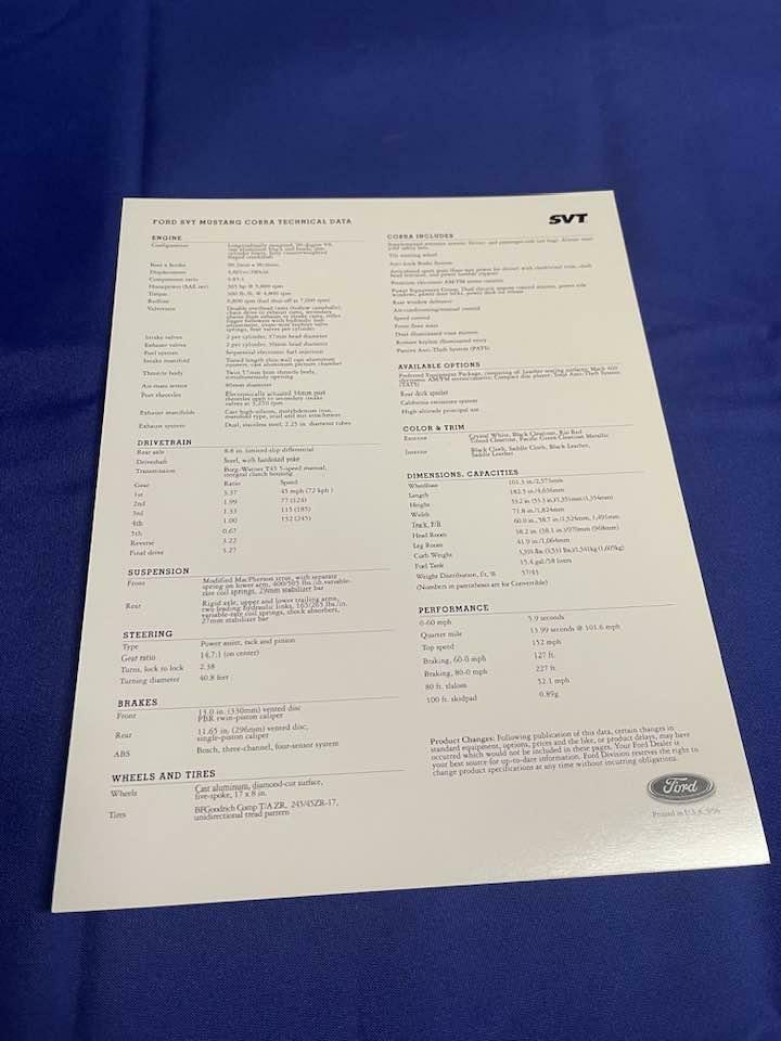 1997 SVT Cobra Dealer Card